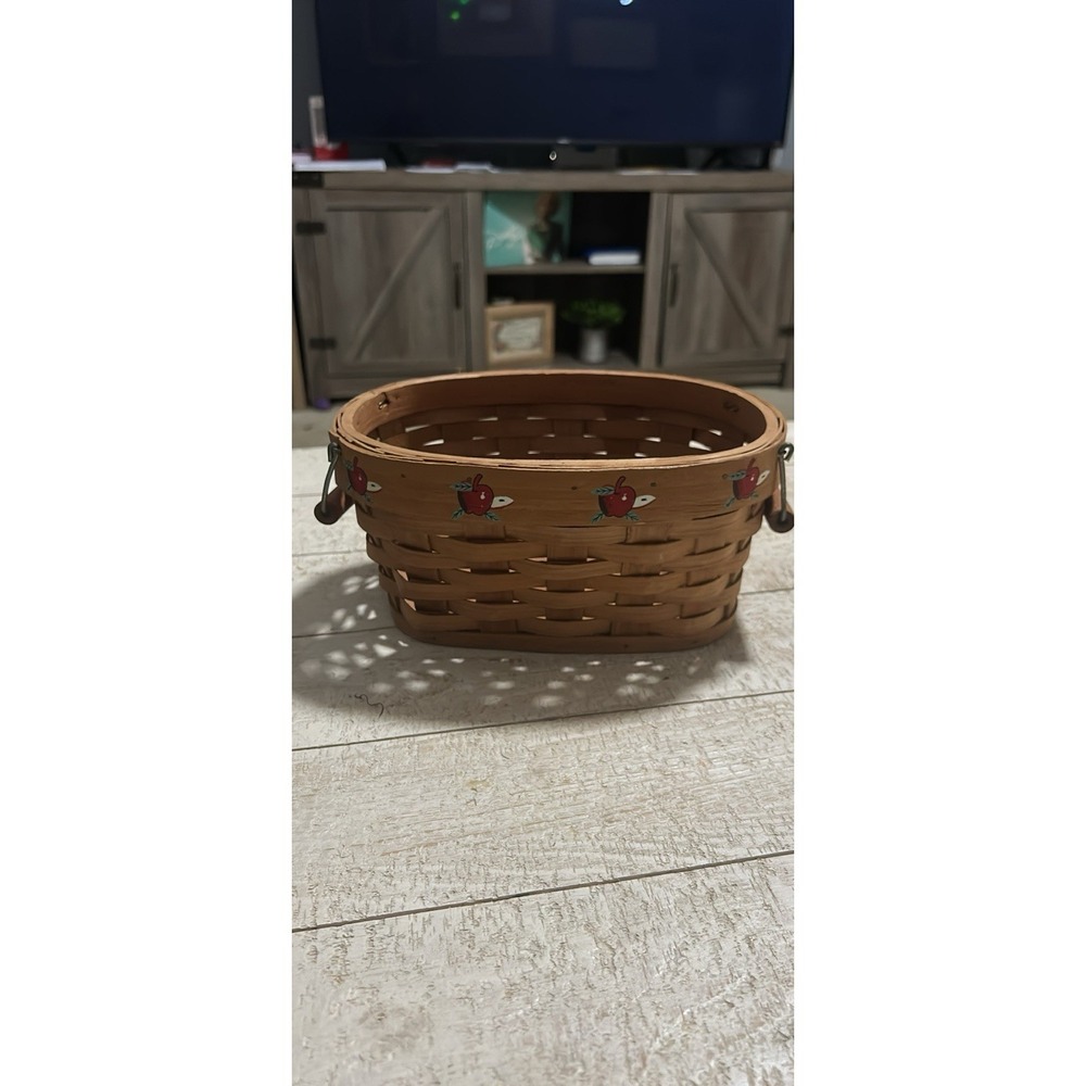 Vintage‎ Woven Wood Basket Hand Painted Apple Motif Oval Farmhouse Decor Honey